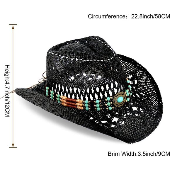 Women\'s Black 1 Straw Cowgirl Woven Western Two Decorative Bands Sun Hat main image 8